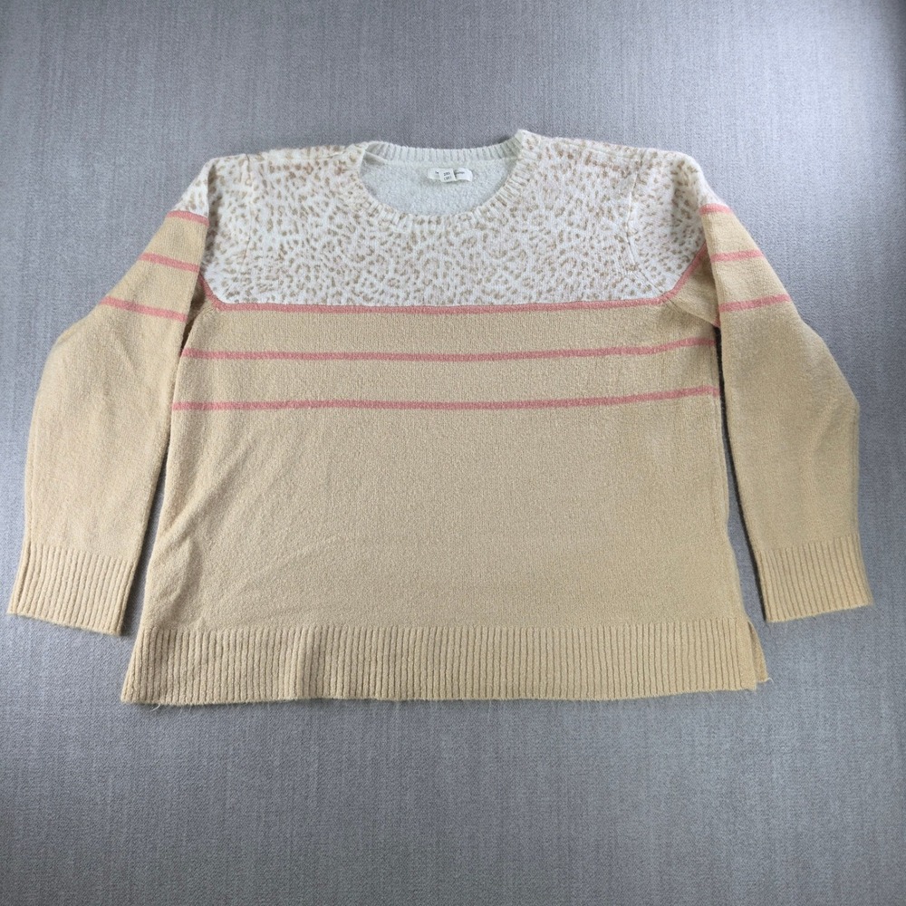 Beach lunch lounge Sweater Womens XXL Tan Pink Leopard Stripe Knit Pullover